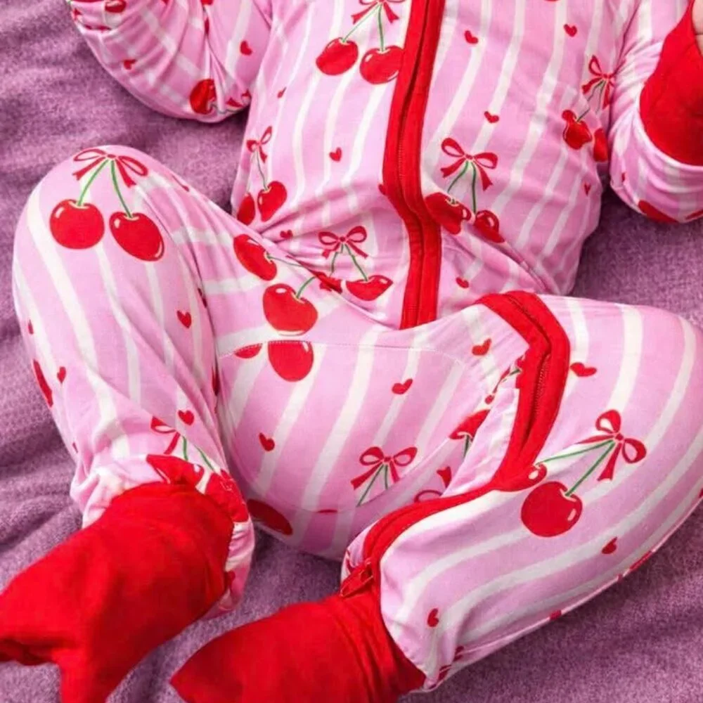 Cherry Hearts Bamboo Footie Pajamas | Cherry Print Zippy Sleeper 6-12M | NWT